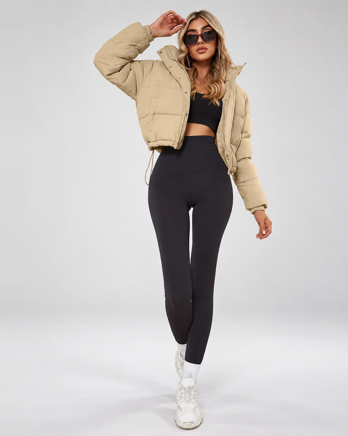 Women's Cropped Hooded Puffer Jacket with Zip Front and Drawcord Hem in Khaki – studio view