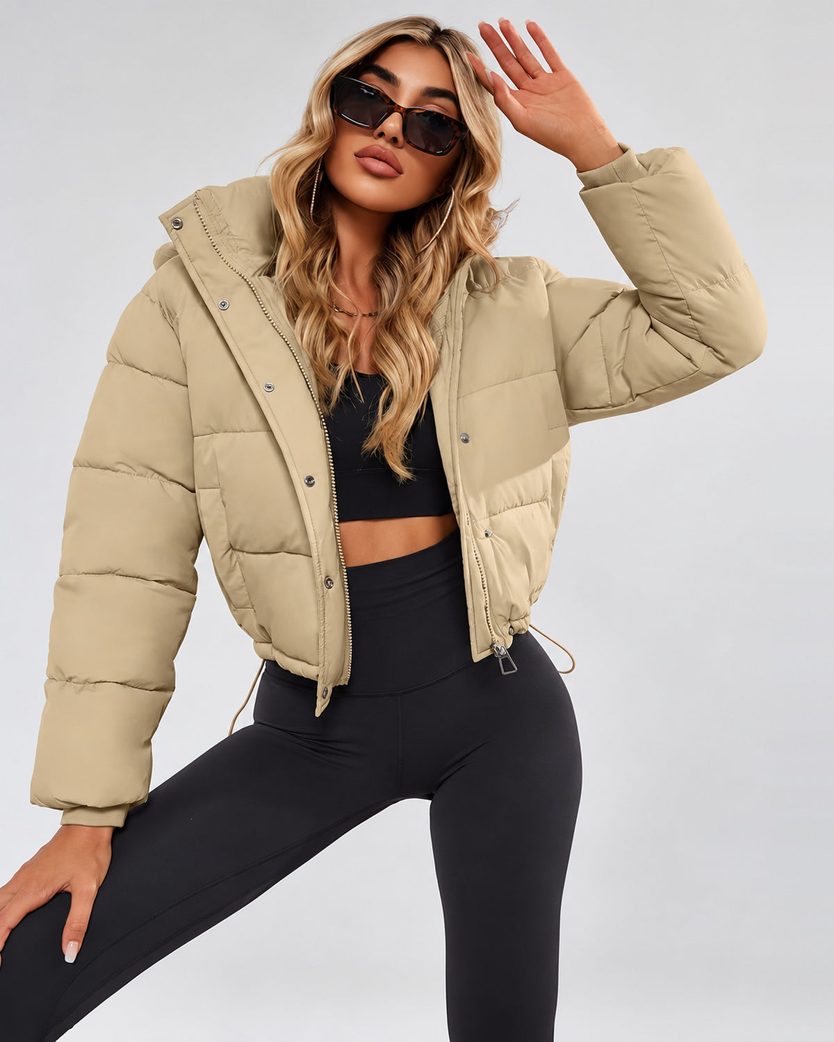 Women's Cropped Hooded Puffer Jacket with Zip Front and Drawcord Hem in Khaki – studio view