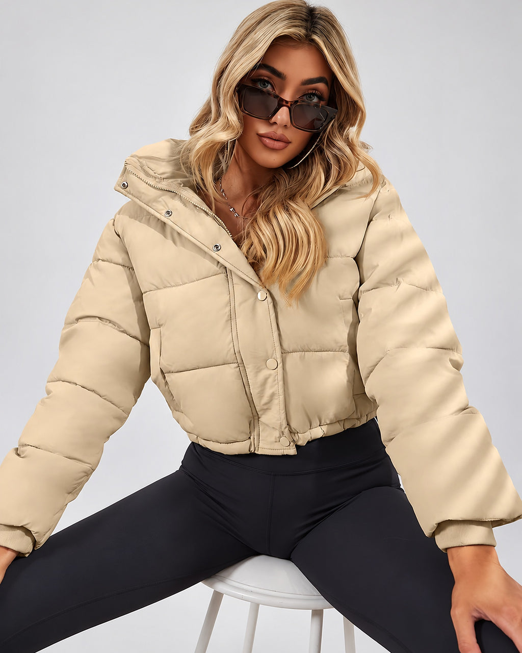Women's Cropped Hooded Puffer Jacket with Zip Front and Drawcord Hem in Khaki – studio view