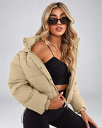 Women's Cropped Hooded Puffer Jacket with Zip Front and Drawcord Hem in Khaki – studio view
