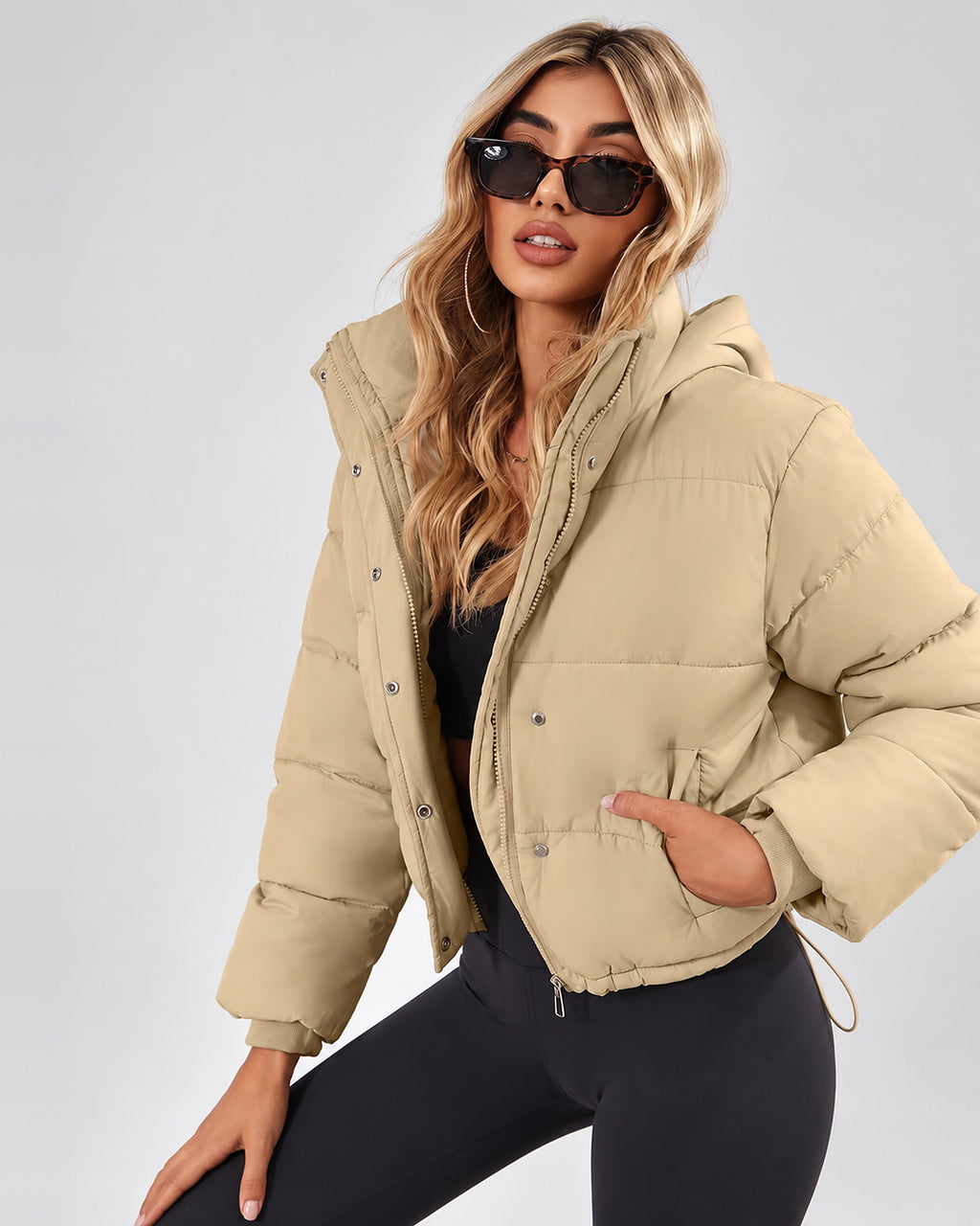 Women's Cropped Hooded Puffer Jacket with Zip Front and Drawcord Hem in Khaki – studio view