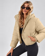 Women's Cropped Hooded Puffer Jacket with Zip Front and Drawcord Hem in Khaki – studio view