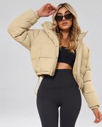 Women's Cropped Hooded Puffer Jacket with Zip Front and Drawcord Hem in Khaki – studio view