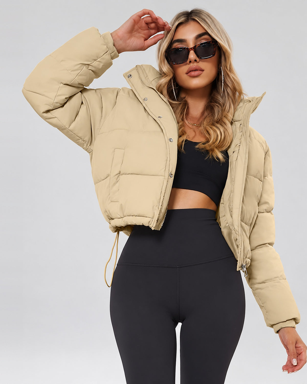Women's Cropped Hooded Puffer Jacket with Zip Front and Drawcord Hem in Khaki – studio view