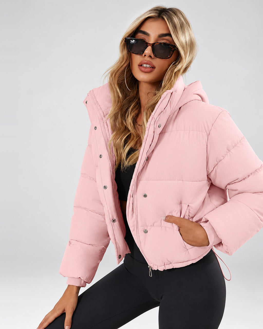 Women's Cropped Hooded Puffer Jacket with Zip Front and Drawcord Hem in Pink – studio view