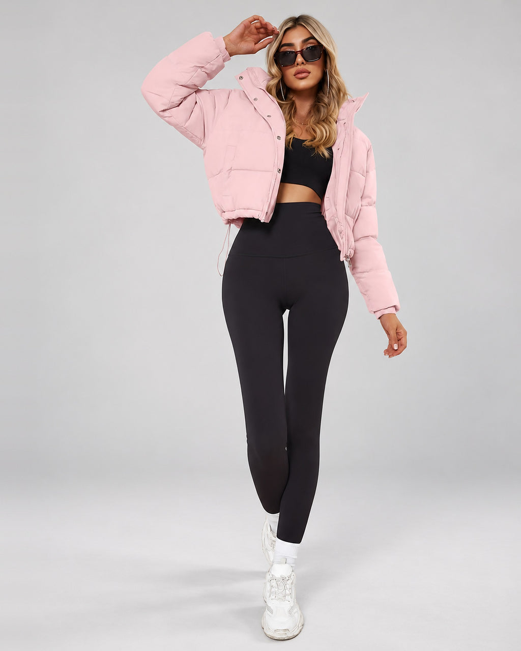 Women's Cropped Hooded Puffer Jacket with Zip Front and Drawcord Hem in Pink – studio view