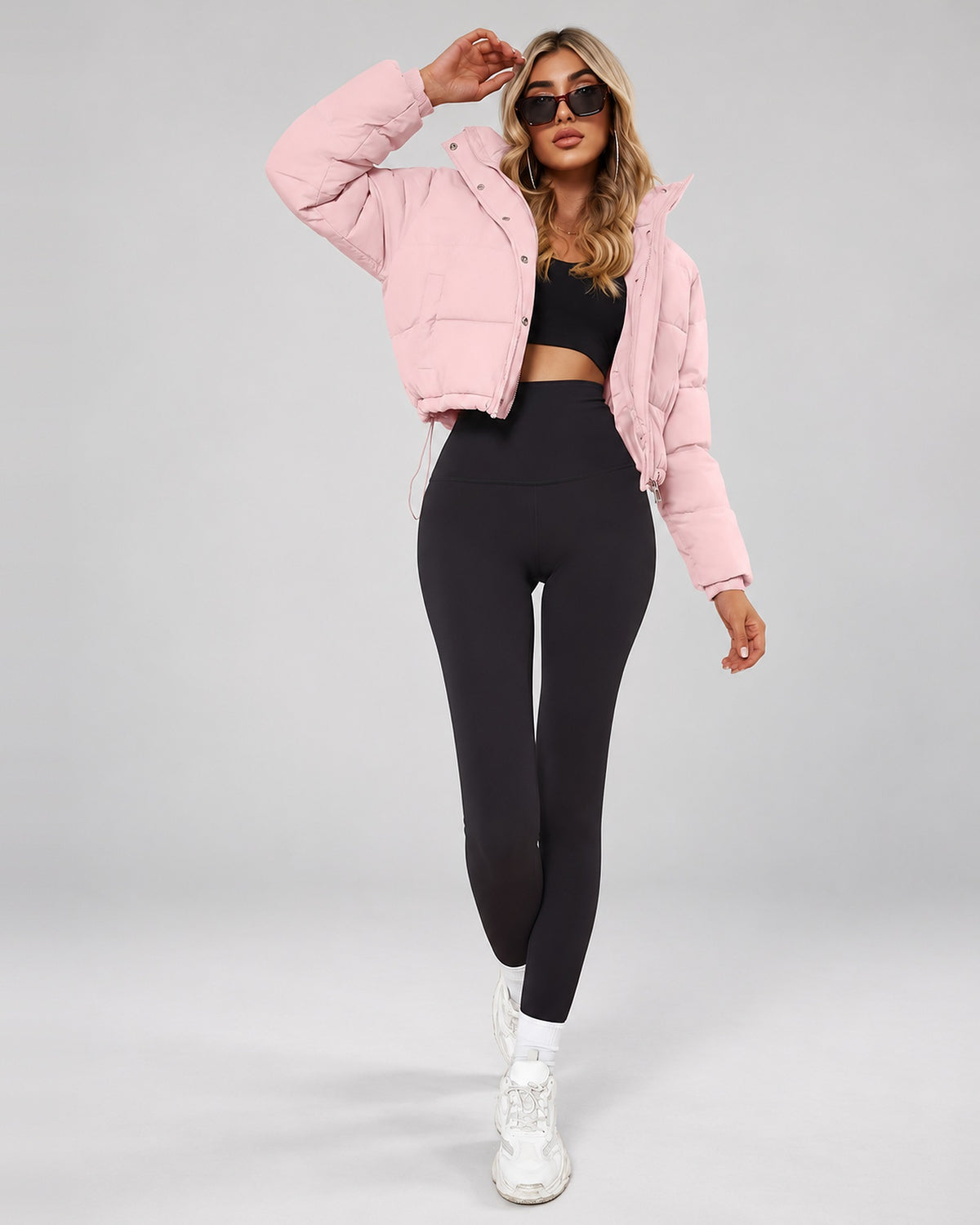 Women's Cropped Hooded Puffer Jacket with Zip Front and Drawcord Hem in Pink – studio view