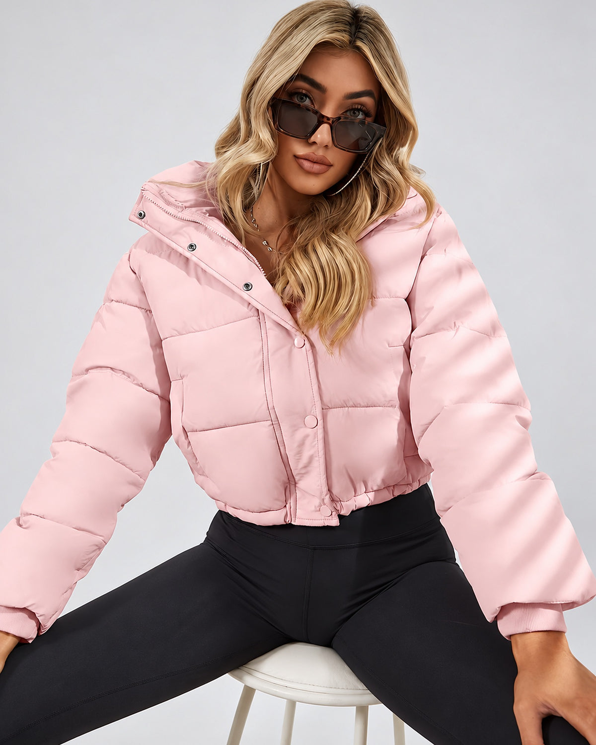Women's Cropped Hooded Puffer Jacket with Zip Front and Drawcord Hem in Pink – studio view