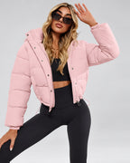 Women's Cropped Hooded Puffer Jacket with Zip Front and Drawcord Hem in Pink – studio view