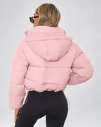 Women's Cropped Hooded Puffer Jacket with Zip Front and Drawcord Hem in Pink – studio view