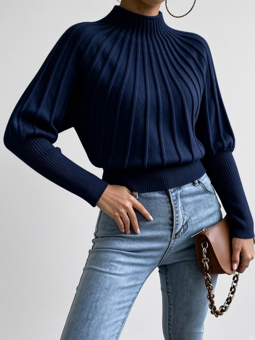 Women's Cropped Mock Neck Jumper with Ribbed Panels and Puff Sleeves in Navy – Front View