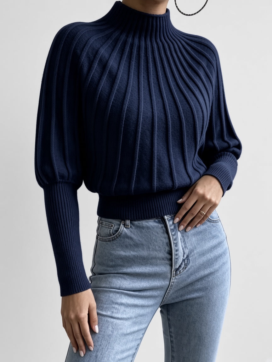 Women's Cropped Mock Neck Jumper with Ribbed Panels and Puff Sleeves in Navy – Front View