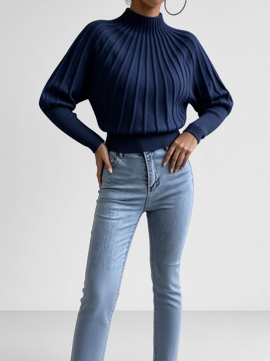 Women's Cropped Mock Neck Jumper with Ribbed Panels and Puff Sleeves in Navy – Front View