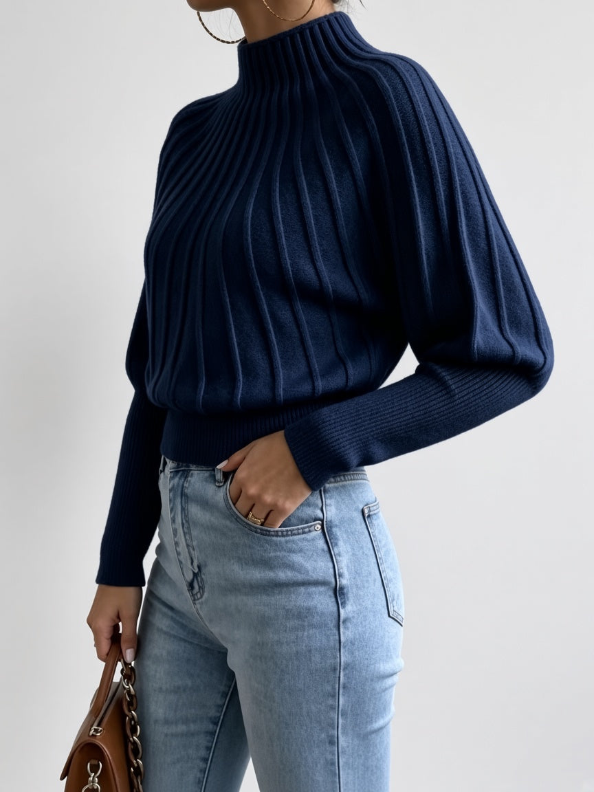 Women's Cropped Mock Neck Jumper with Ribbed Panels and Puff Sleeves in Navy – Side View
