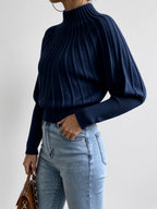 Women's Cropped Mock Neck Jumper with Ribbed Panels and Puff Sleeves in Navy – Side View