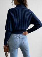 Women's Cropped Mock Neck Jumper with Ribbed Panels and Puff Sleeves in Navy – Back View