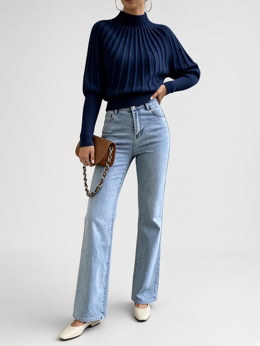 Women's Cropped Mock Neck Jumper with Ribbed Panels and Puff Sleeves in Navy – Front View