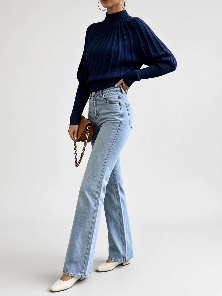 Women's Cropped Mock Neck Jumper with Ribbed Panels and Puff Sleeves in Navy – Side View