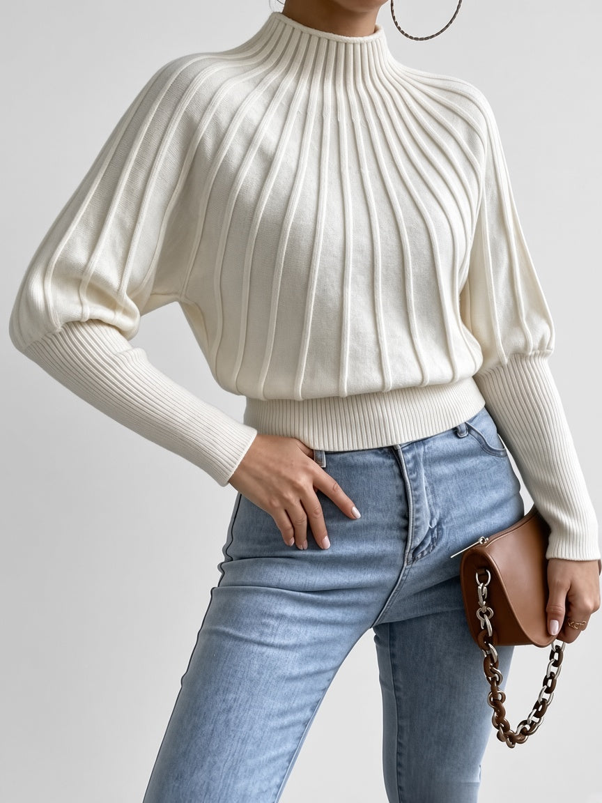 Women's Cropped Mock Neck Jumper with Ribbed Panels and Puff Sleeves in Off White – Front View