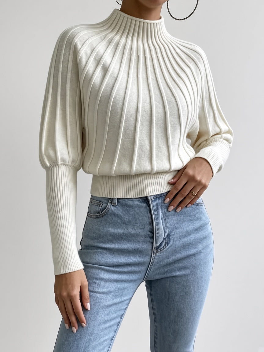 Women's Cropped Mock Neck Jumper with Ribbed Panels and Puff Sleeves in Off White – Front View