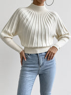 Women's Cropped Mock Neck Jumper with Ribbed Panels and Puff Sleeves in Off White – Front View