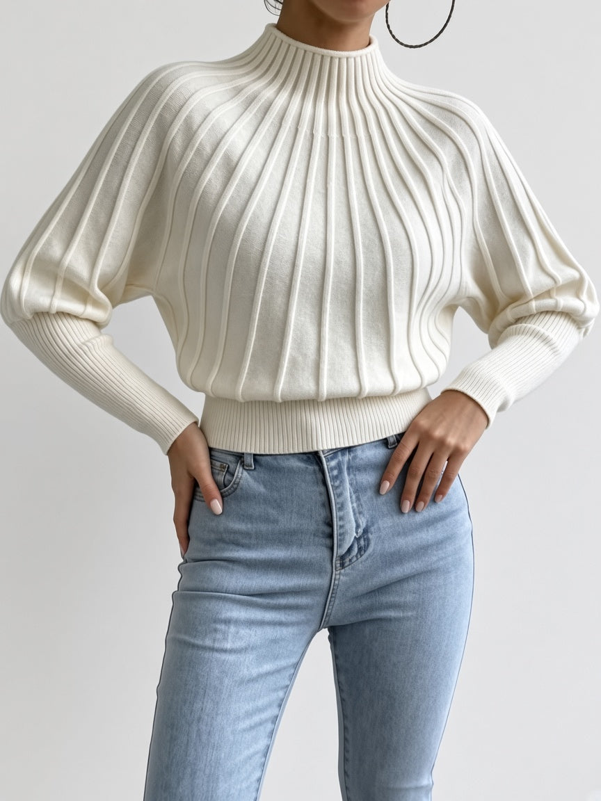 Women's Cropped Mock Neck Jumper with Ribbed Panels and Puff Sleeves in Off White – Front View