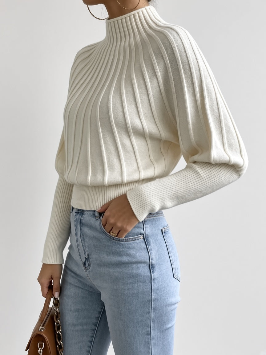 Women's Cropped Mock Neck Jumper with Ribbed Panels and Puff Sleeves in Off White – Side View