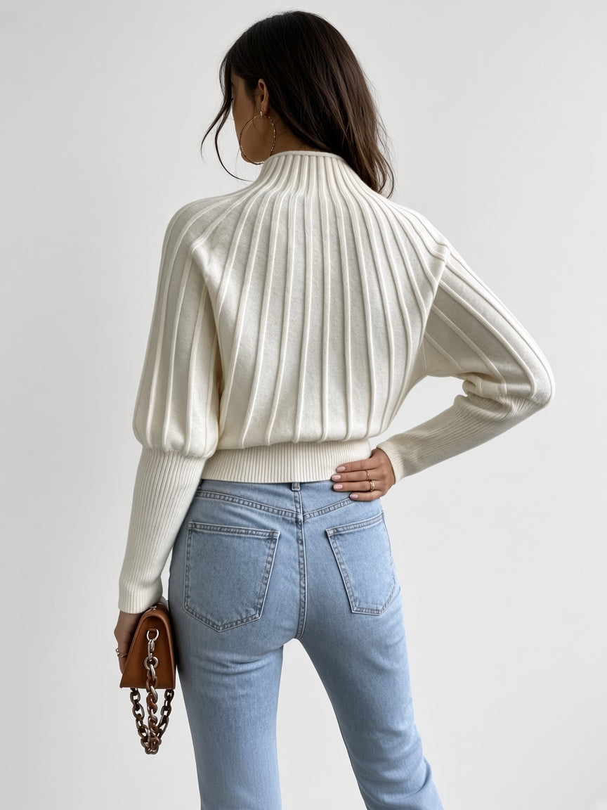 Women's Cropped Mock Neck Jumper with Ribbed Panels and Puff Sleeves in Off White – Back View