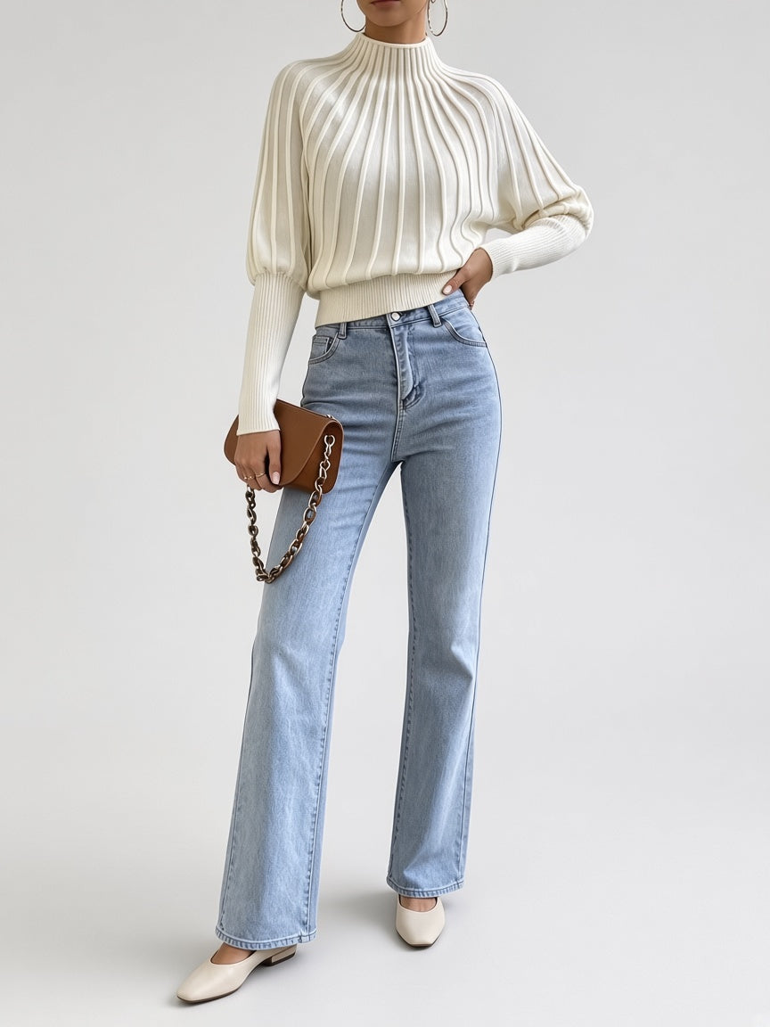 Women's Cropped Mock Neck Jumper with Ribbed Panels and Puff Sleeves in Off White – Front View