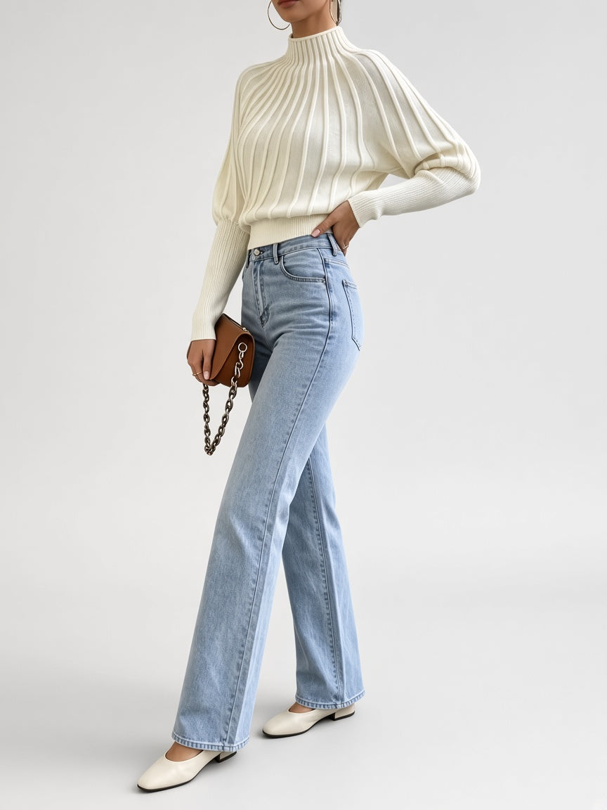 Women's Cropped Mock Neck Jumper with Ribbed Panels and Puff Sleeves in Off White – Side View