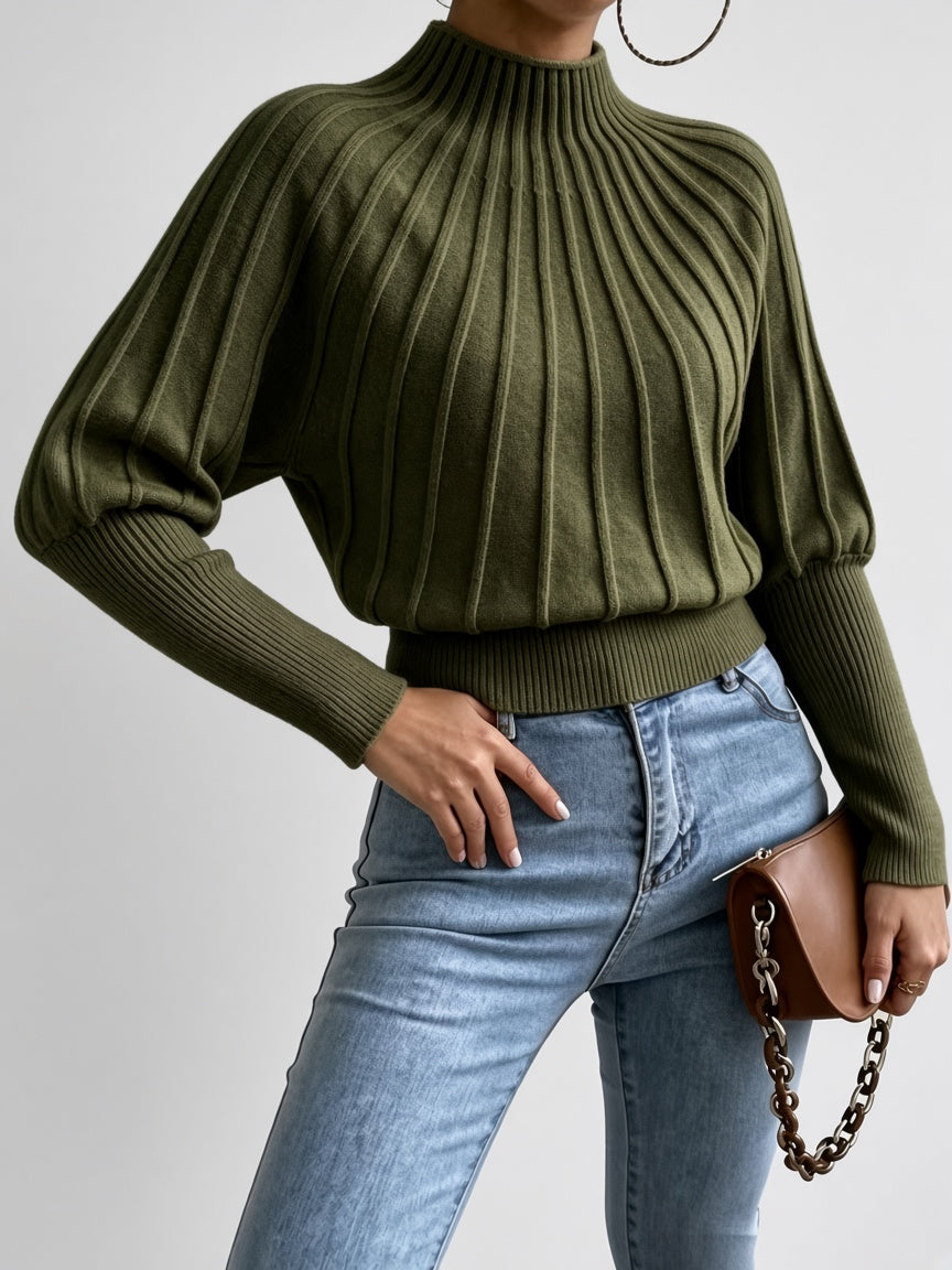 Women's Cropped Mock Neck Jumper with Ribbed Panels and Puff Sleeves in Olive Green – Front View