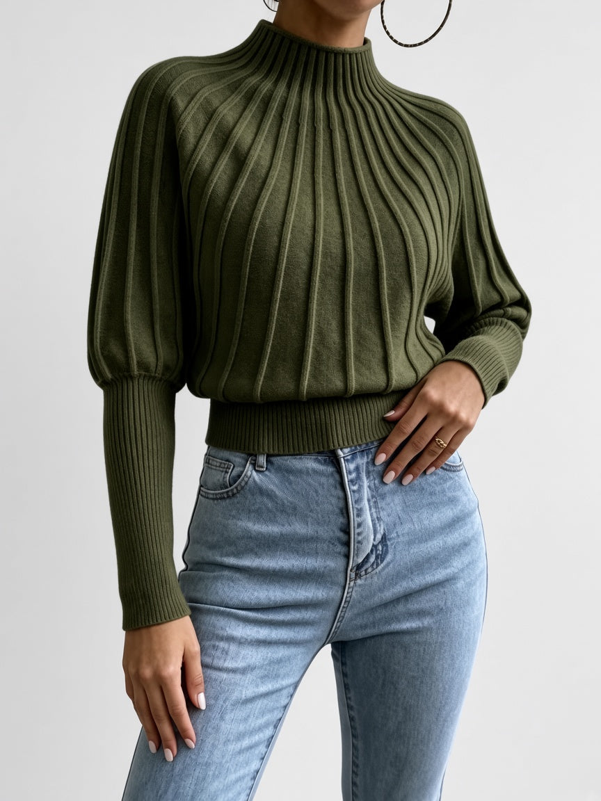 Women's Cropped Mock Neck Jumper with Ribbed Panels and Puff Sleeves in Olive Green – Front View