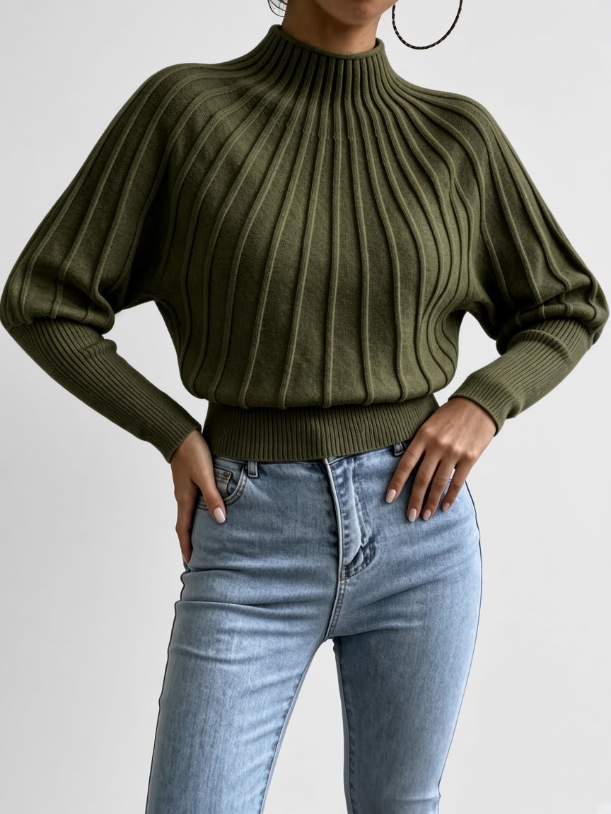 Women's Cropped Mock Neck Jumper with Ribbed Panels and Puff Sleeves in Olive Green – Front View
