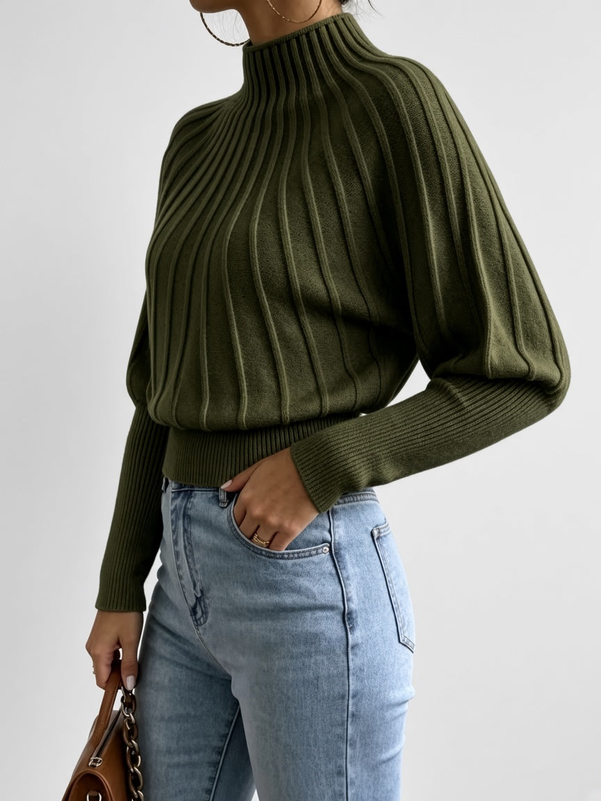 Women's Cropped Mock Neck Jumper with Ribbed Panels and Puff Sleeves in Olive Green – Side View