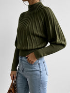 Women's Cropped Mock Neck Jumper with Ribbed Panels and Puff Sleeves in Olive Green – Side View
