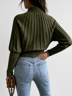 Women's Cropped Mock Neck Jumper with Ribbed Panels and Puff Sleeves in Olive Green – Back View