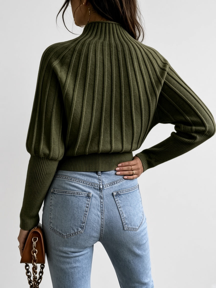 Women's Cropped Mock Neck Jumper with Ribbed Panels and Puff Sleeves in Olive Green – Back View
