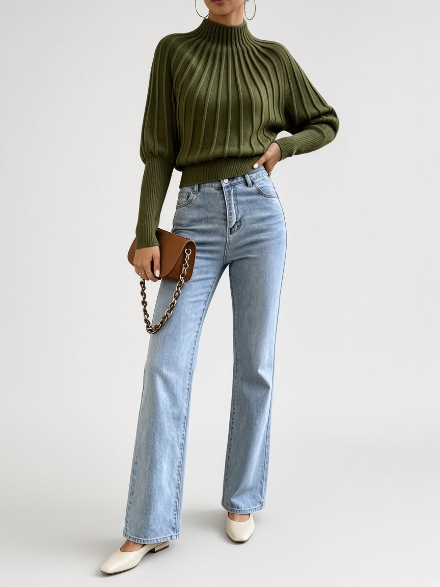 Women's Cropped Mock Neck Jumper with Ribbed Panels and Puff Sleeves in Olive Green – Front View