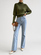 Women's Cropped Mock Neck Jumper with Ribbed Panels and Puff Sleeves in Olive Green – Front View