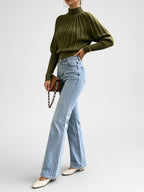 Women's Cropped Mock Neck Jumper with Ribbed Panels and Puff Sleeves in Olive Green – Side View