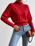 Women's Cropped Mock Neck Jumper with Ribbed Panels and Puff Sleeves in Red – Front View