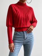 Women's Cropped Mock Neck Jumper with Ribbed Panels and Puff Sleeves in Red – Front View