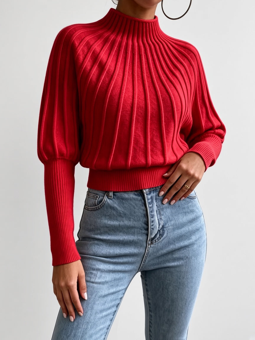 Women's Cropped Mock Neck Jumper with Ribbed Panels and Puff Sleeves in Red – Front View