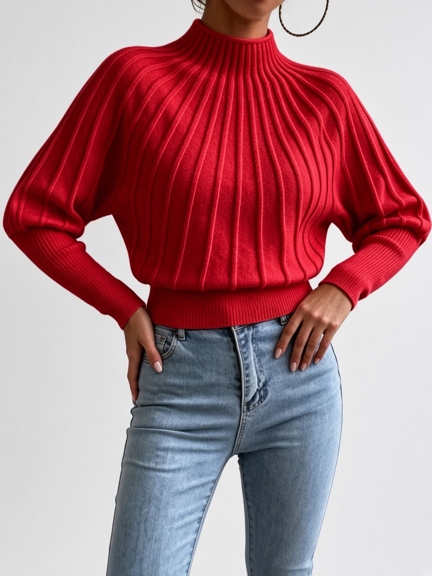 Women's Cropped Mock Neck Jumper with Ribbed Panels and Puff Sleeves in Red – Front View