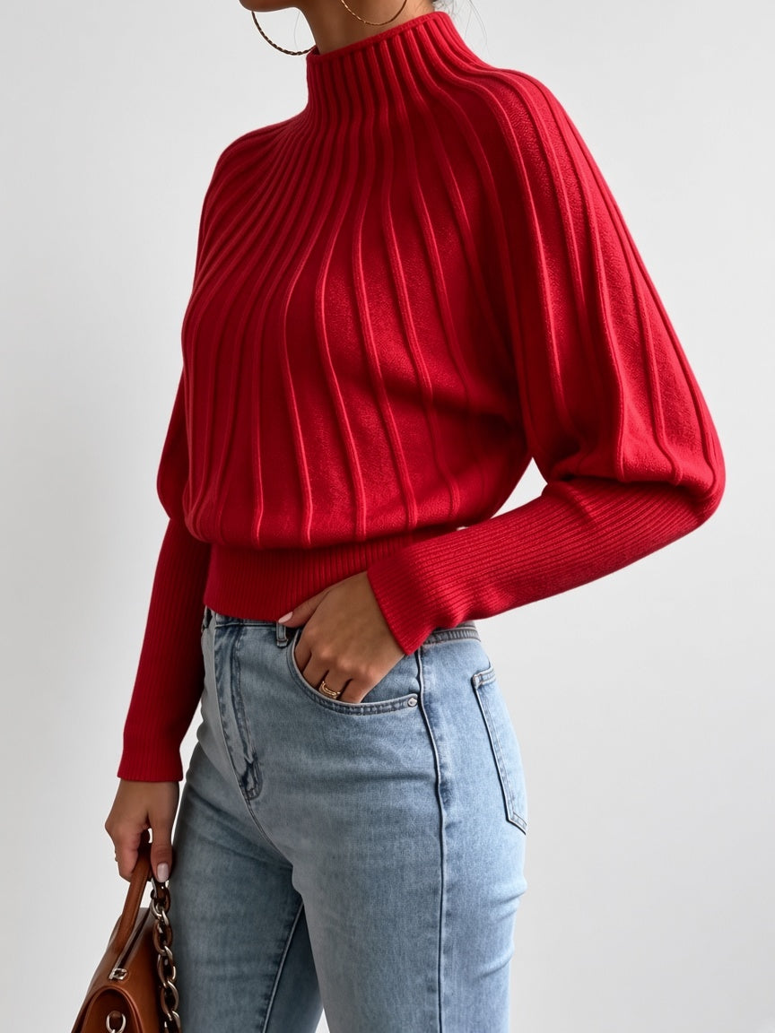 Women's Cropped Mock Neck Jumper with Ribbed Panels and Puff Sleeves in Red – Side View
