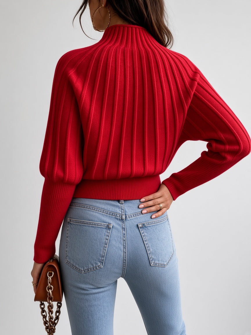 Women's Cropped Mock Neck Jumper with Ribbed Panels and Puff Sleeves in Red – Back View