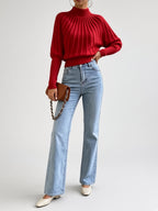 Women's Cropped Mock Neck Jumper with Ribbed Panels and Puff Sleeves in Red – Front View