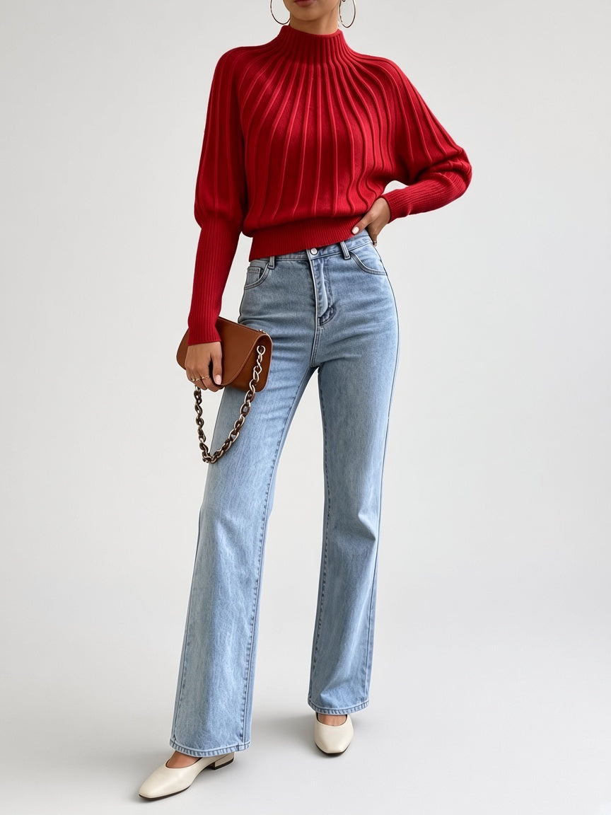 Women's Cropped Mock Neck Jumper with Ribbed Panels and Puff Sleeves in Red – Front View