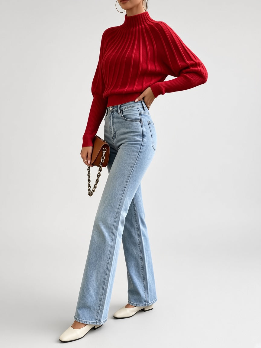 Women's Cropped Mock Neck Jumper with Ribbed Panels and Puff Sleeves in Red – Side View