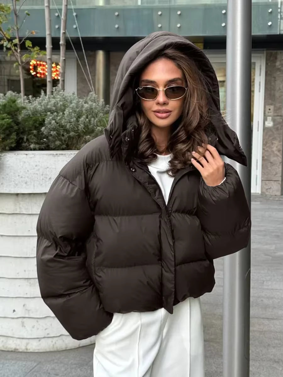 Women's Cropped Oversized Puffer Jacket with Detachable Hood and Zip Front